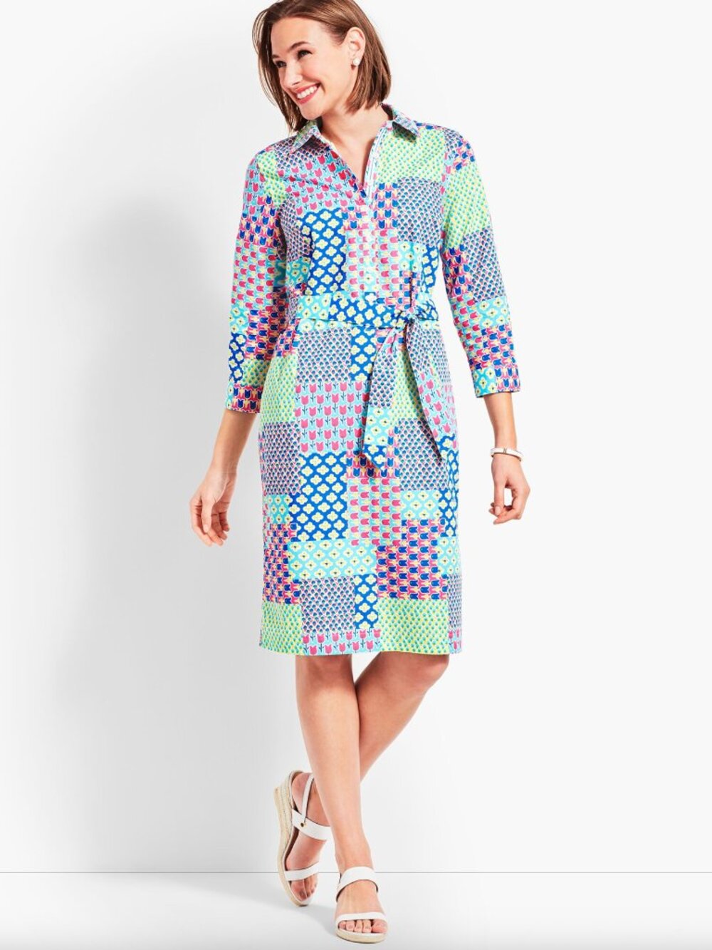 TALBOTS | Multicolored Patchwork Mixed Print Quarter Button Shirtdress Sz 12